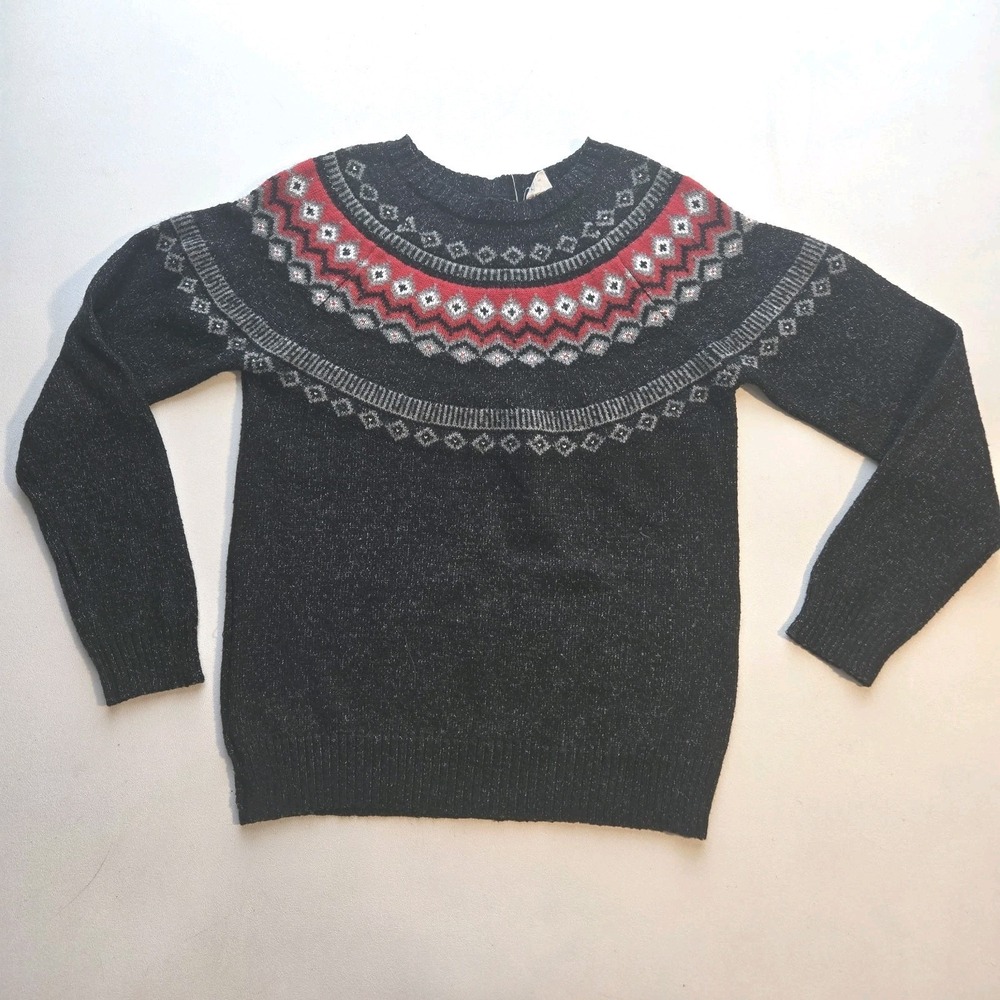 Madewell Vintage Fair Isle Sweater Womens S Black Red Nordic Knit Crewneck Hole